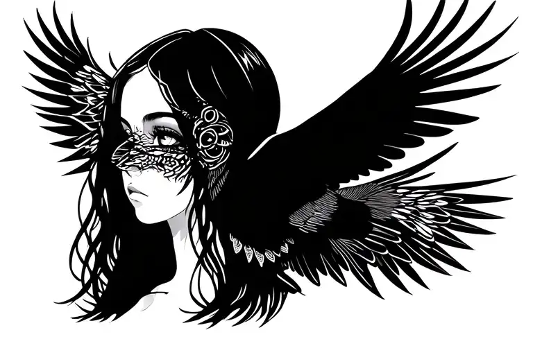 Hidden Face Of A Girl Against The Background Of A Flying Bird