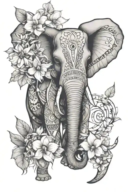 Elephant Head With Dream Catcher Orchids And Mandala