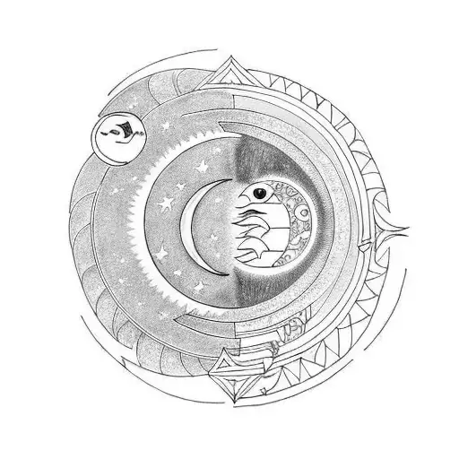 Sun And Moon With Flying Crane Below It