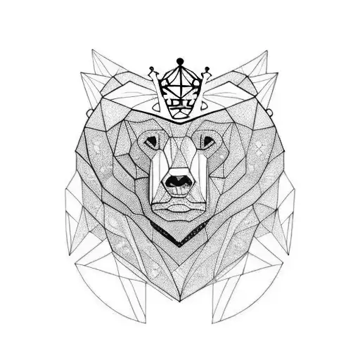 Realistic Sibirian Bear Face With Crown In Mountain Valley And River