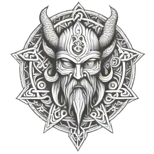 Viking Tattoo Design With A Small Alien Head And The Number 369 Woven Into It