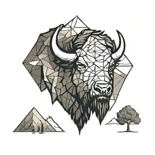 Bison Face With Mountain Tree Background