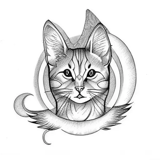Side Cat With Long Tail And Angel Wings In The Moon