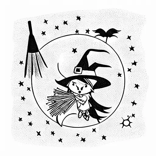 Witch Whith Broom Fox On Moon