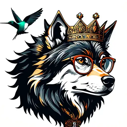 Wolf Wearing A Crown And Glasses With A Hummingbird Flying Next To It