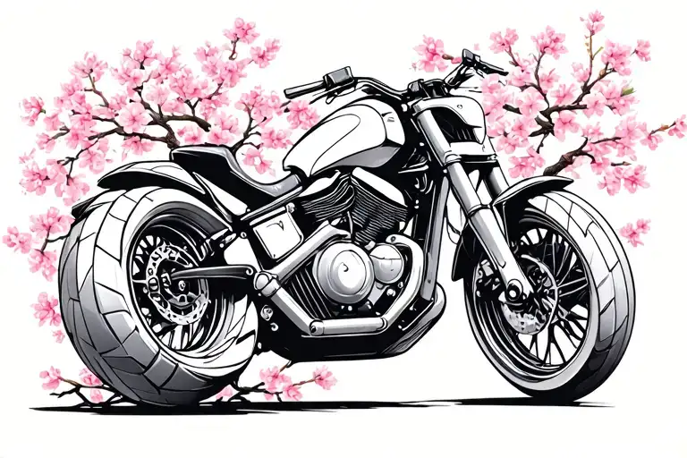 Motorcycle V Twin Engine With Cherry Blossoms In The Background