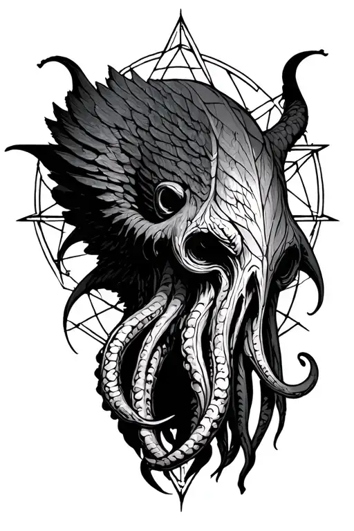 Sketch Of A Cthulhu Head Tattoo Without Wings With A Pentagram In The Background