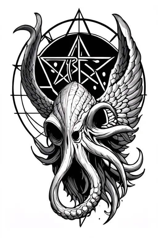 Sketch Of A Cthulhu Head Tattoo With Wings With A Pentagram In The Background