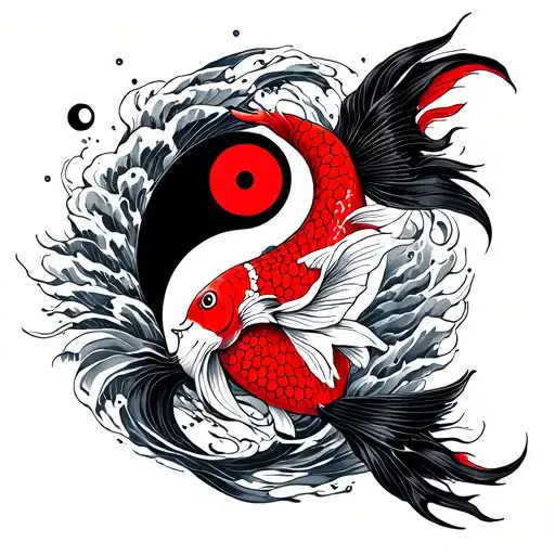 Red And Black Koi Fish Integrated With Yin Yang And Waves