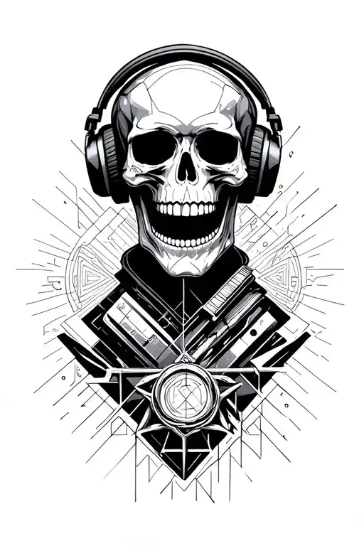 Hip Hop Skull Wearing Headphones And Standing With A Mysterious Item