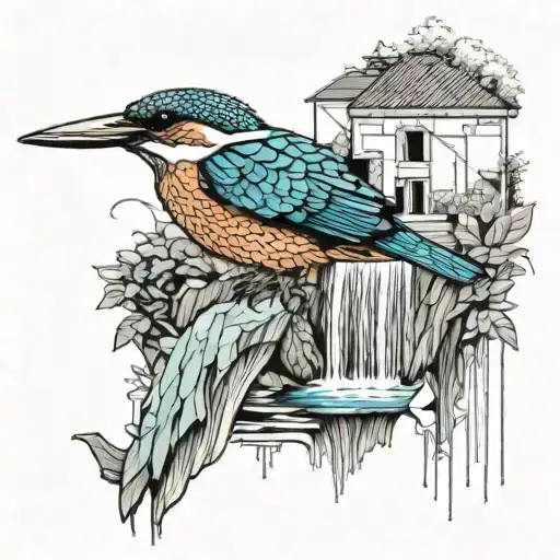 Waterfall And Kingfisher Diving Into Water And Houses