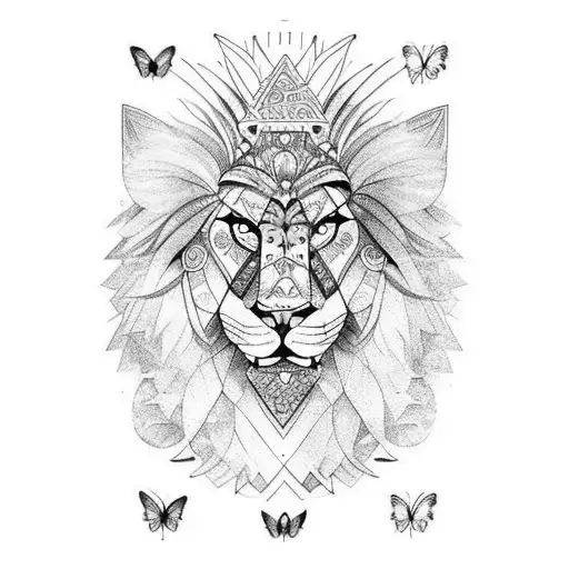 A Female Warrior With A Lion Mask On And Butterflies Around