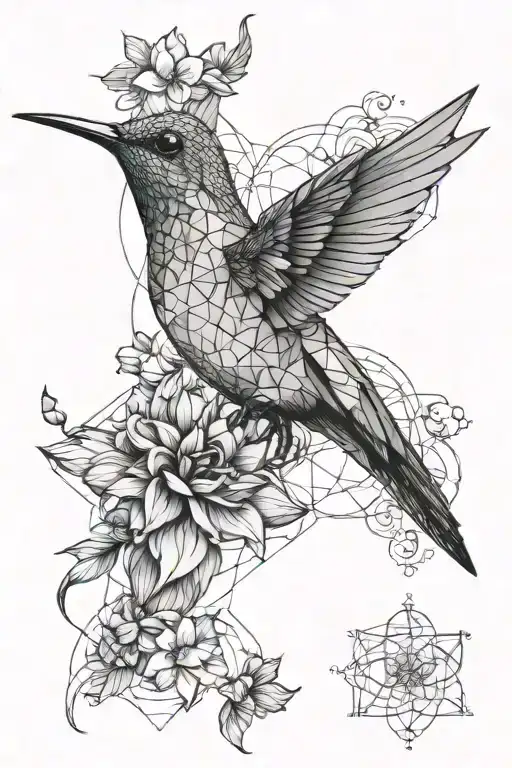 Humming Bird With Flowers Above And Below