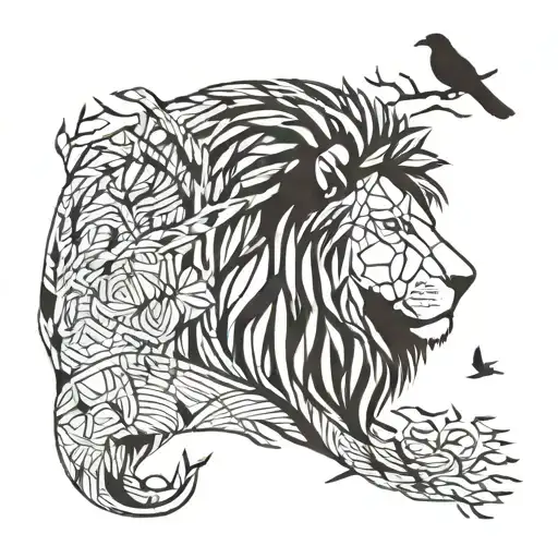 Lion With Mane Next To Tree Branches With Birds On Them