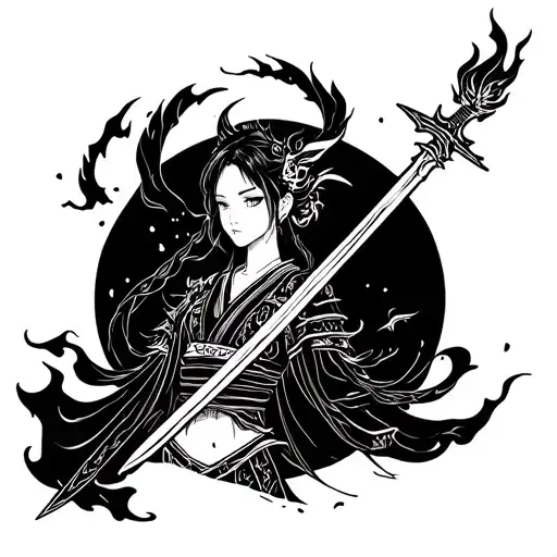 Japanese Demon Girl With Flaming Sword And Moon Background