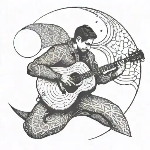 A Dotwork Tattoo Of A Musician Playing Their Acoustic Guitar Under A Crescent Moon