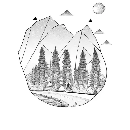 Diamond Border Landscape Of Mountains And Forest With Single Road