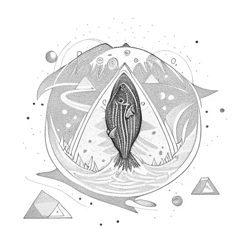 Jumping Salmon In Waterfall With Space And Geometric Background