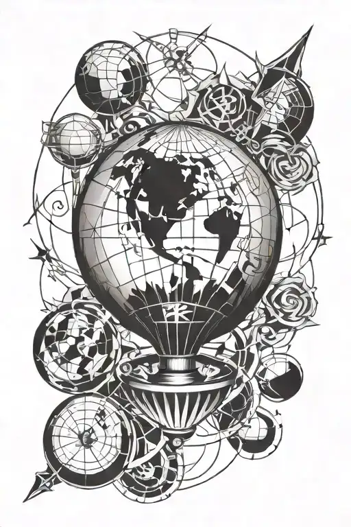 A Sketch Style Tattoo Of A Globe With Theatrical Masks On Either Side