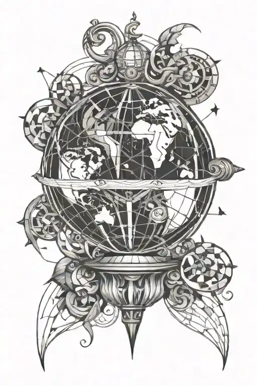 A Sketch Style Tattoo Of A Globe With Theatrical Masks On Either Side