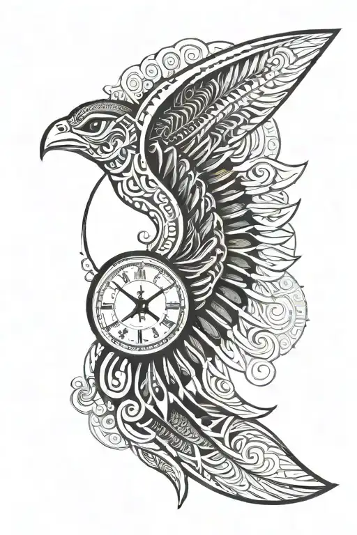 Polynesian Tattoo Including Wings Spread Wide And Time Clock