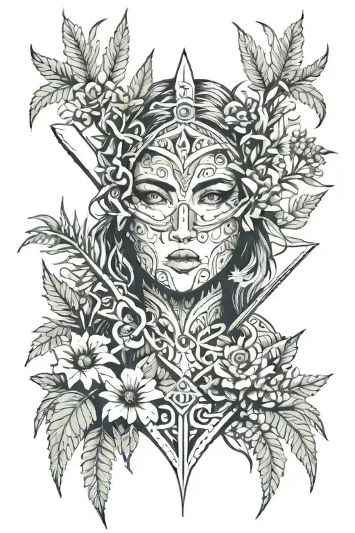Lady Warrior Face Eye Cover With Flowers Holding Sword In Meadow And Ferns Background