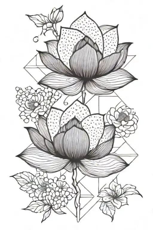 Two Lotus Blossoms Together With Sprigs Of Cherry Blossoms Behind Them