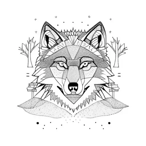 A Protective Father Wolf Watching Over His Two Playful Wolf Cubs In A Moonlit Forest