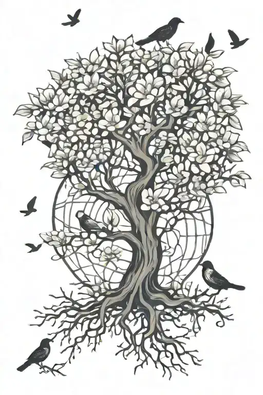 Tree With Roots Transitioning Into Magnolia Flowers With Birds