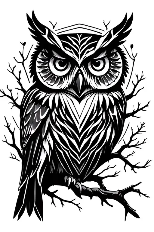 Owl Face Surrounded Branches Of Tree