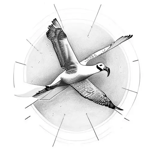 Create A Minimalist Tattoo Of An Albatross In Flight With The Word 'Komal'