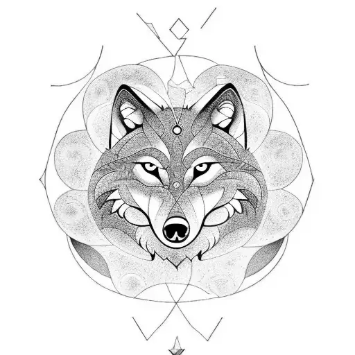 Wolf And Crescent Moon And Larkspur And Waterlily