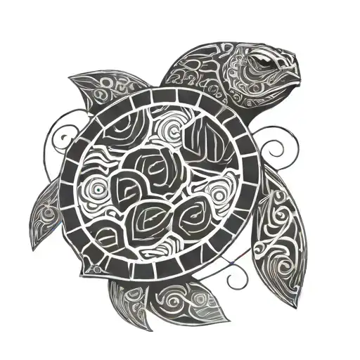 Hawaiian Turtle With Yin Yang Waves Crashing In The Background