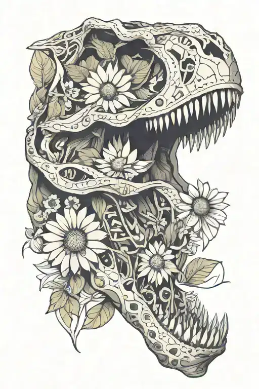T-rex Skull With Daisy Flower Intertwined