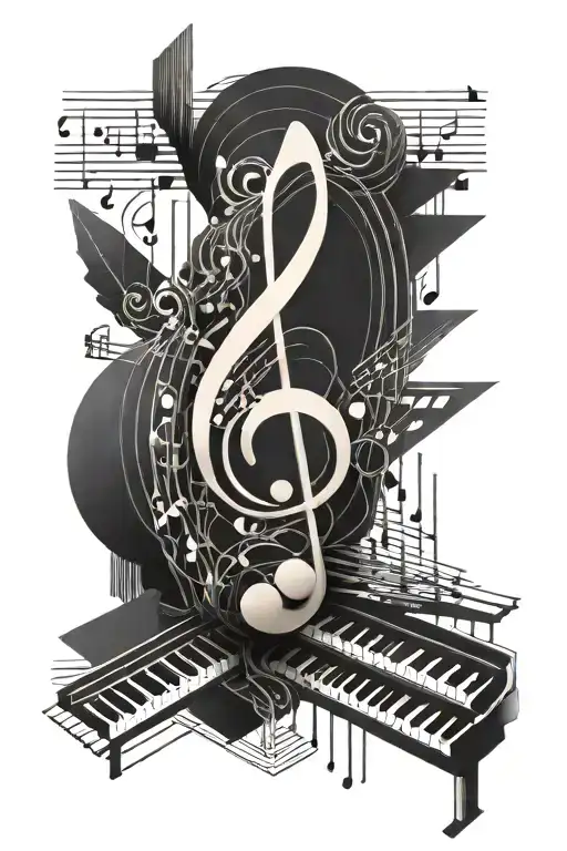 Music Notes With A Music Staff And A Keyboard Intertwined