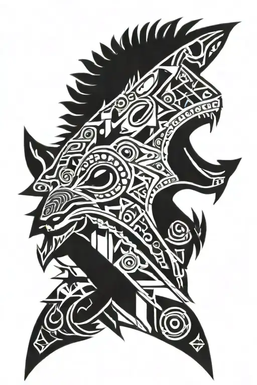 2D Aztec Style Wolf Head And Crescent Moon