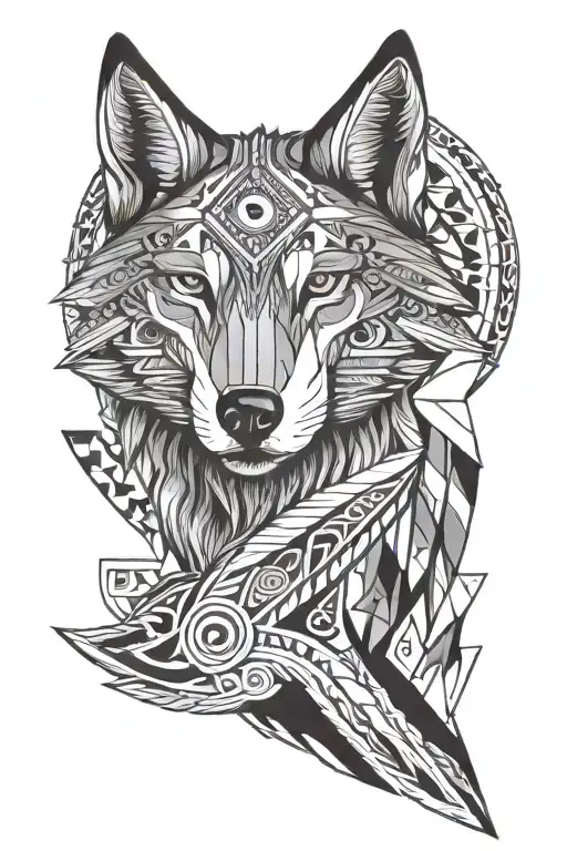 2D Aztec Style Wolf Head With Crescent Moon