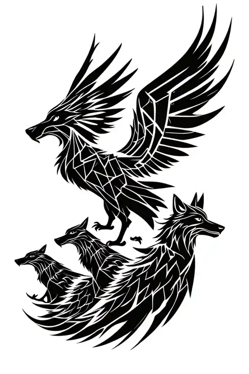 Warrior Phoenix With Three Wolves