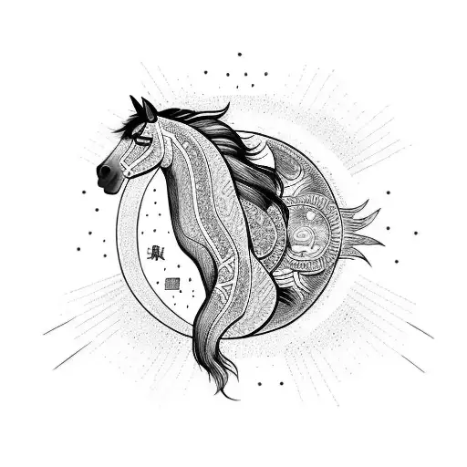 Horse Head To Neck Outline With Sun And Moon Elements And Chinese Writing In The Interior