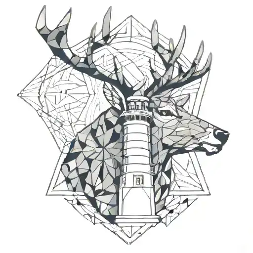 A Geometric Stag Head Infront Of A Lighthouse