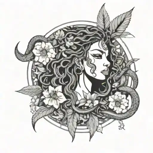 African Medusa With Dread And Snakes Surrounded By A Garden Of Enchanted Flowers