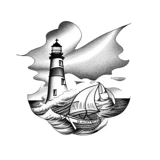 Lighthouse Stormy Condition With Old Sail Boat