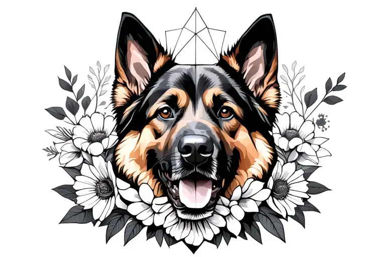German Shepherd Face And Lots Of Flowers Around It