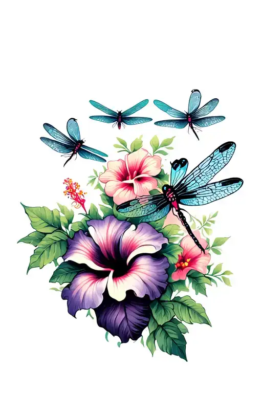 Dragonflies And Hibiscus Flowers Growing