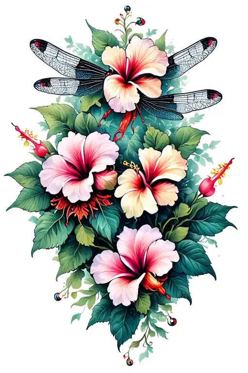Dragonflies And Hibiscus Flowers Growing
