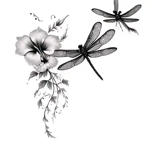 Dragonflies And Hibiscus Flowers Growing