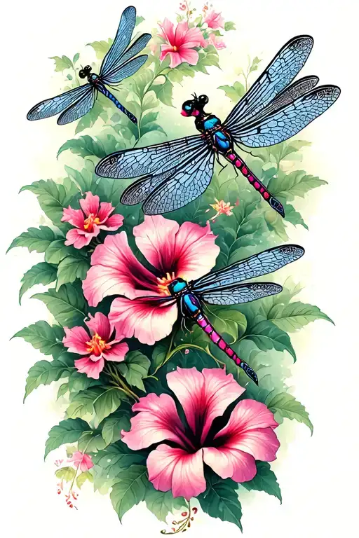 Dragonflies And Hibiscus Flowers Growing