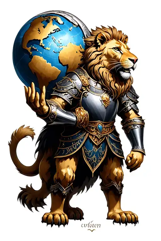 A Lion Wearing An Roman Armor Holding The World In His Hands