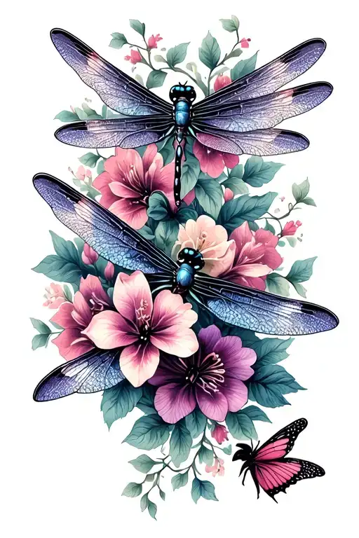 Unique Dragonflies And Butterflies Intertwined With Trailing Belladonna And Oleander Flowers