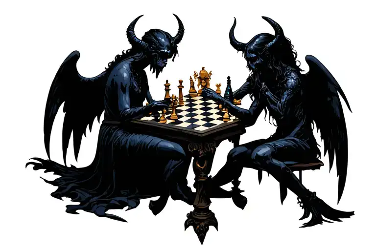 Angel And Demon Playing Chess Sitting Down